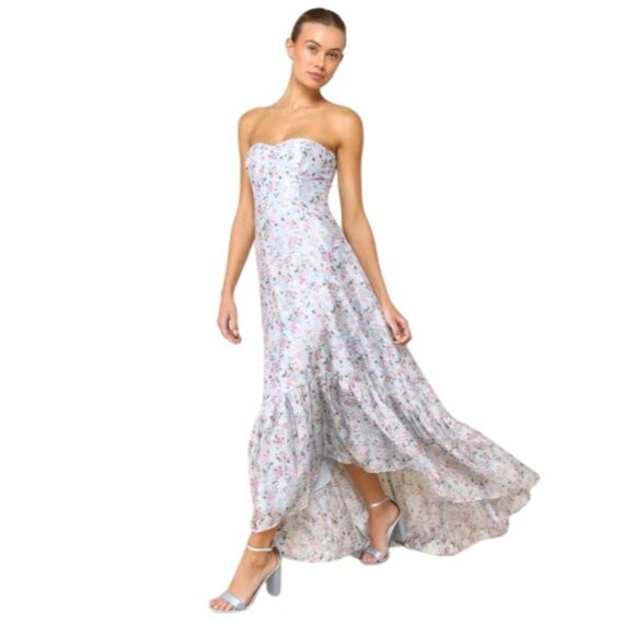 NEW Lulus Gorgeous Desire‎ Light Blue Floral Strapless High-Low Maxi Dress XS - Picture 9 of 16
